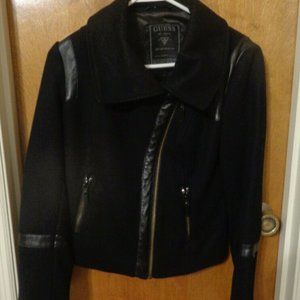 GUESS WOOL BLEND ZIPPERED AND FAUX LEATHER TRIMMED MOTO STYLE JACKET- SIZE (Sm)